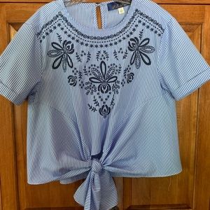 Blue and white stripped tie blouse